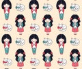 Seamless pattern with girls and cats. Cute cozy vintage background. Print for textile, fabric, posters, decor, paper