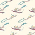 Seamless pattern with girls with surf boards diving under water in the ocean.