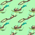 Seamless pattern with girls with surf boards diving under water in the ocean.