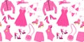 Seamless pattern with glamorous trendy pink clothing, bag, swimwear, shoes. Flat vector illustration on white background.