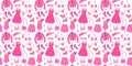 Seamless pattern with glamorous trendy pink clothing, cosmetics, accessories, shoes. Flat vector illustration on white background