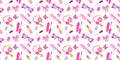 Seamless pattern with glamorous trendy pink different female accessories, cosmetics, parfum. Flat vector illustration on white