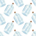 Seamless pattern with glass bottle. Watercolor painting with empty blue bottle texture