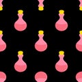 Seamless pattern of glass bottles filled with elixir.The concept of Halloween. Design of banners, wrapping paper