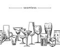 Seamless Pattern with Glass Cups for Alcohol Drinks. Doodle Goblets for Martini, Beer, Wine or Vodka. Hand Drawn Border