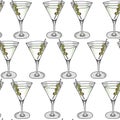 Seamless pattern glass of Dry Martini cocktail and olives on a white background. Hand drawing. Vector illustration. cartoon style Royalty Free Stock Photo