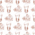 Seamless pattern with a glass of foamy beer and a slice of strawberry cake Royalty Free Stock Photo