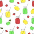 Seamless pattern glass jars with juice with a straw and green apples, yellow pears and strawberries