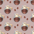 Seamless pattern, glass jugs with coffee and coffee beans on a beige background. Print, textile, decor