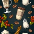 Seamless pattern glass latte, sugar, beans, branch with leaf and berry.