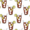 Seamless pattern glass of Long Island Ice Tea, lemon slice, ice cubes and cocktail tube . Hand drawing. Vector Royalty Free Stock Photo