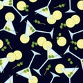 Seamless pattern with a glass of martini with olives