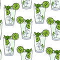 Seamless pattern glass of mojito, ice cubes, mint leaves and lime slice. white background. Summer cold drink background. Hand Royalty Free Stock Photo