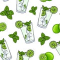 Seamless pattern glass of mojito, ice cubes, mint leaves, lime slice and whole lime. Hand drawing alcohol cocktail. Vector Royalty Free Stock Photo