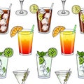 Seamless pattern. glass of mojito Long Island Ice Tea White background. Hand drawing Vector illustration. cartoon style. Royalty Free Stock Photo