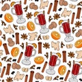 Seamless pattern from a glass of mulled wine, orange, ginger, anise, cinnamon, clove spice, nutmeg, cane sugar, black