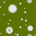 Seamless pattern of glass paper flowers on green background