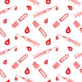 Seamless pattern with glass tube, syringe, and blood drop in red color on white background. Medical equipment. Vector hand drawn Royalty Free Stock Photo