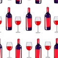 Seamless pattern glass of wine and wine bottle. Alcohol background. Hand drawing wine. Vector illustration red wine. Red Royalty Free Stock Photo