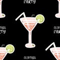 Seamless pattern of glasses with cocktail, bubbles and lemon slices, straws on a black background. Icon vector. Royalty Free Stock Photo