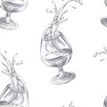 Seamless pattern with glasses of cognac and splashes. Expressive pencil illustration on the theme of alcoholic drinks for the Royalty Free Stock Photo