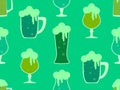 Seamless pattern with glasses of green beer for St. Patrick\'s Day. Mug of beer with foam