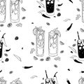Seamless pattern with glasses of Mexican cocktails Vampiro and Charro Negro on white background with chili peppers and Royalty Free Stock Photo