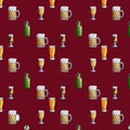 Seamless pattern with glasses and mugs of beer. Watercolor hand drawn illustration. Background