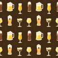 Seamless pattern with glasses of various shapes filled with different types of beer. Royalty Free Stock Photo