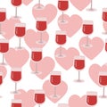 Seamless pattern of glasses of wine and hearts, wine glass with red drink on a white background Royalty Free Stock Photo