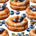 Seamless pattern glazed doughnuts blueberries desserts art creativity. Delicious tempting display