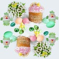 Easter seamless pattern with cakes, colorful eggs, toy chickens and bouquets on a light square background Royalty Free Stock Photo