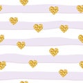 Seamless pattern with glitter confetti hearts on striped background. For birthday, fashion and wedding design.