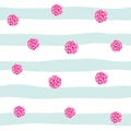 Seamless pattern with glitter confetti polka dot on striped background. Pink and pastel blue trendy colors. For birthday, fashion