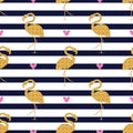 Seamless pattern with glitter flamingos and hearts. Striped background Royalty Free Stock Photo