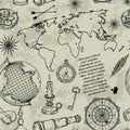 Seamless Pattern With Globe, Compass, World Map And Wind Rose. Vintage Science Objects Set In Steampunk Style.