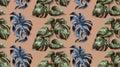 Seamless pattern from glossy tropical plant elements like monstera and palm fronds. Objects isolated on a light brown Royalty Free Stock Photo