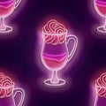 Seamless pattern with glow Cup of Cappuchino or Latte Royalty Free Stock Photo