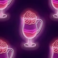 Seamless pattern with glow Cup of Cappuchino or Latte