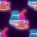 Seamless pattern with glow Decorated Cezve with Cup of Coffee Royalty Free Stock Photo