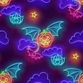 Seamless pattern with glow Flying Vampire Pumpkin on Coundly Night Sky