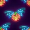 Seamless pattern with glow Flying Vampire Pumpkin