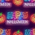 Seamless pattern with glow Happy Halloween Inscription and Jack o\'Lantern Pumpkin