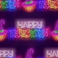 Seamless pattern with glow Happy Halloween Inscription and Witch Pumpkin in Hat