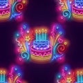 Seamless pattern with glow Holiday Cake with Candles and Confetti