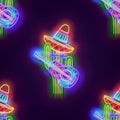 Seamless pattern with glow Mexican cactus in sombrero with guitar