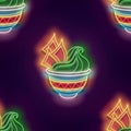 Seamless pattern with glow Mexican guacamole in bowl with nachos or tortillas