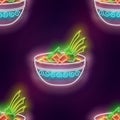 Seamless pattern with glow Mexican soup in bowl with crackers