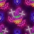 Seamless pattern with glow Witch Pumpkin, Crosses, Bats and Spiders