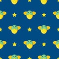 Seamless pattern of glowing cute cartoon kawaii firefly bug with bright yellow starts on dark blue background. Night time sky for